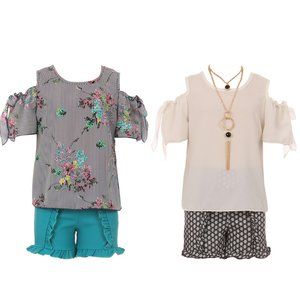 2 Set Bundle Cold Shoulder Chiffon Top Ruffle Short Summer Outfit Set Clothing